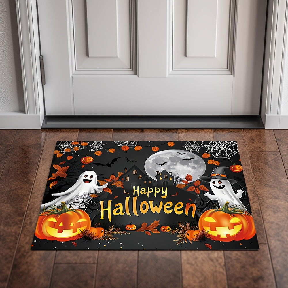 Get into the spooky spirit with our "Happy Halloween" doormat! Made of durable, non-slip, and machine washable polyester, this outdoor mat features a festive design of ghosts, pumpkins, and autumn leaves. Perfect for your entryway, living room, kitchen