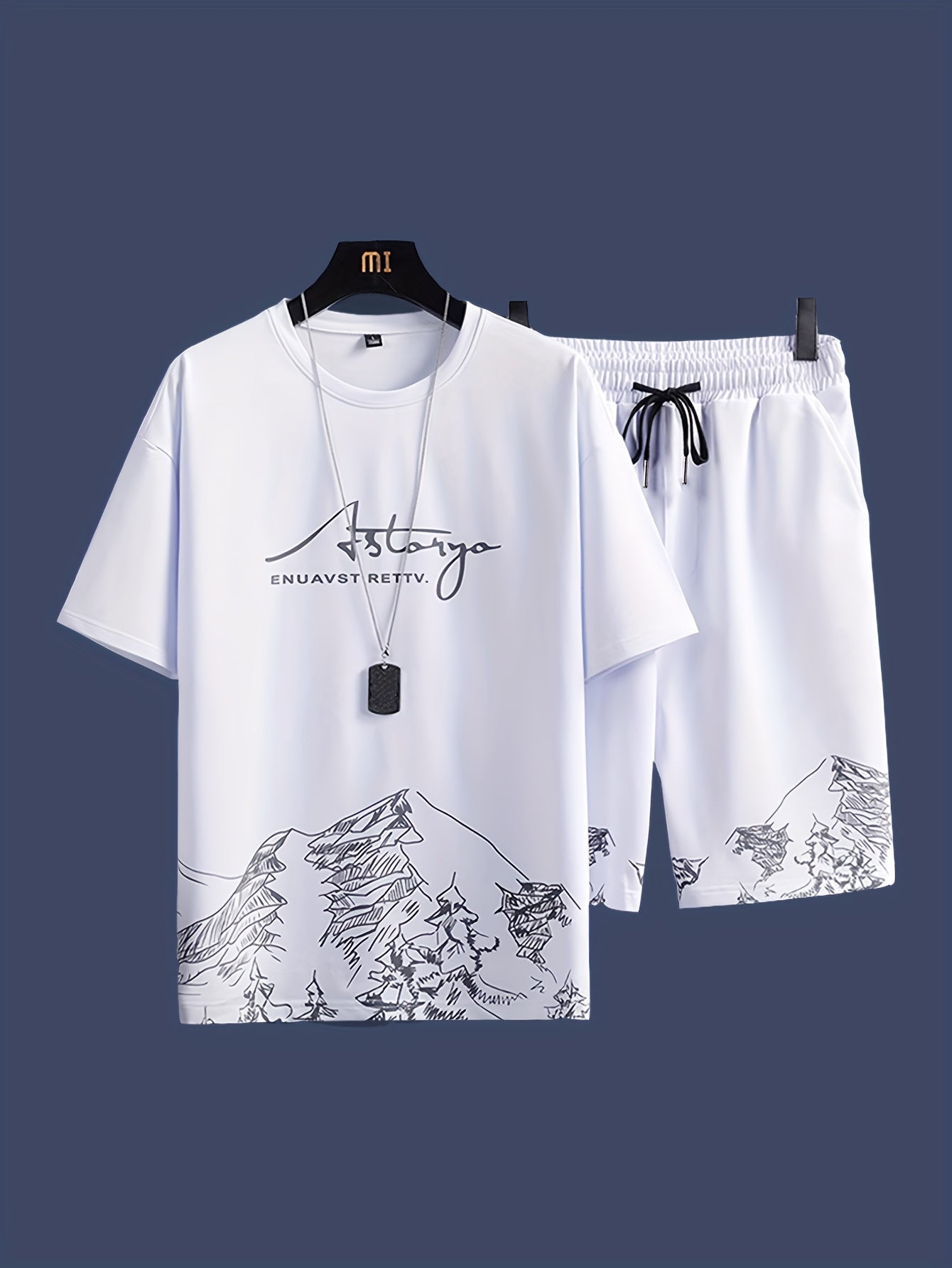 Men's casual 2-piece set: short sleeve t-shirt and drawstring shorts made of breathable polyester, perfect for summer fashion.