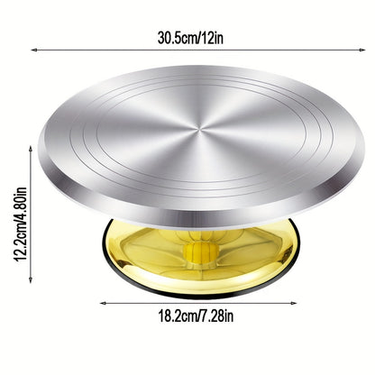 This versatile cake decorating turntable features a golden aluminum alloy surface with an anti-slip plastic base. It can be used for various tasks such as cake decoration, clay sculpting