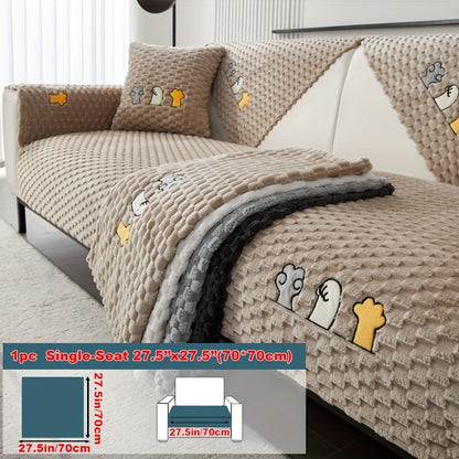 Modern honeycomb fleece sofa cover with embroidered design, pet-friendly protection for furniture, plush slipcover for various sofas. One-piece design with anti-slip backing for home and office decor.