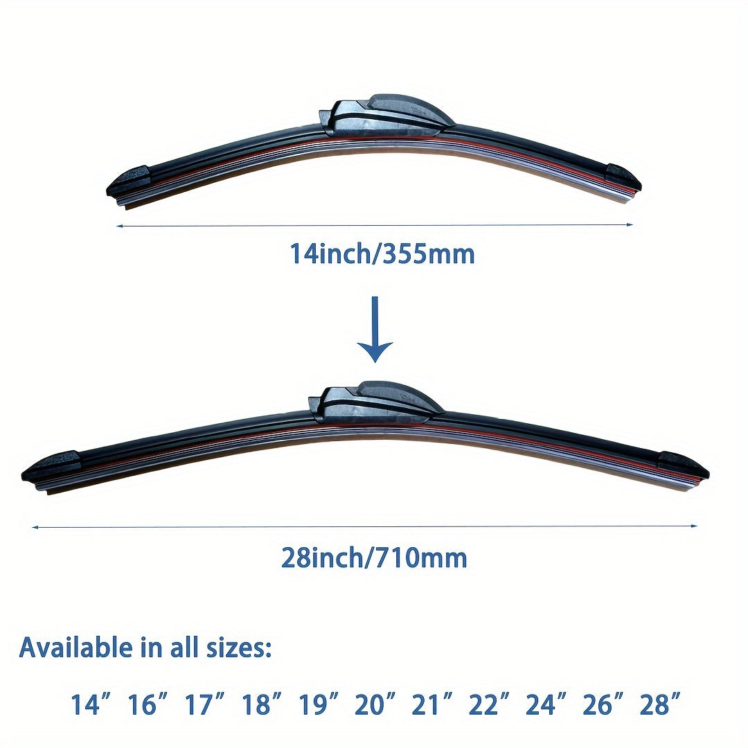 Universal fit 6-layer rubber blade wiper with J/U hook type, compatible with 99% of vehicle models, available in sizes 35.56-71.12cm.