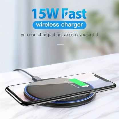 Wireless charger for iPhone and Samsung devices with fast charging capabilities.