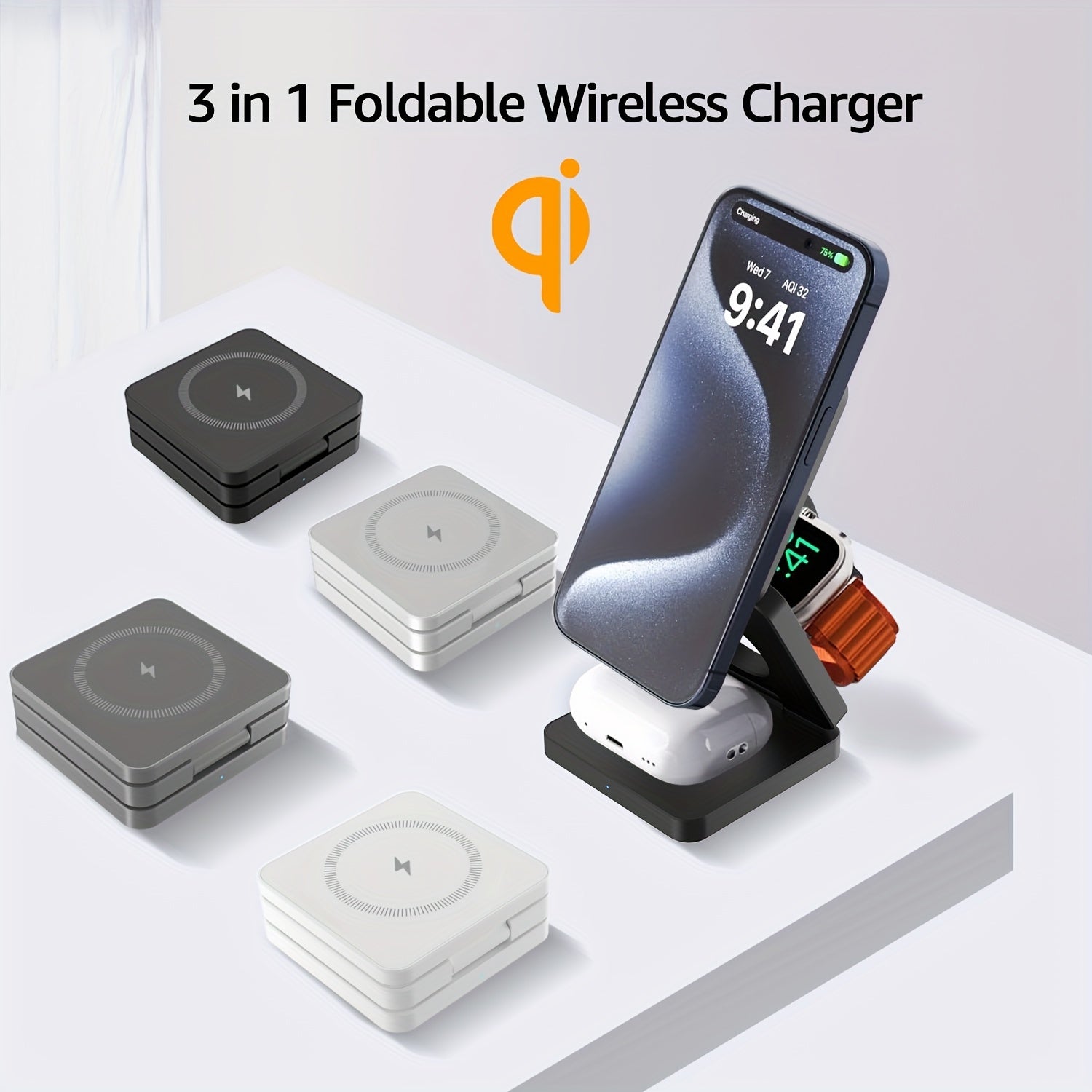 3-in-1 fast wireless charger for cell phones compatible with QI standard. Magnetic holder for iPhone, headphones, watches, and more.