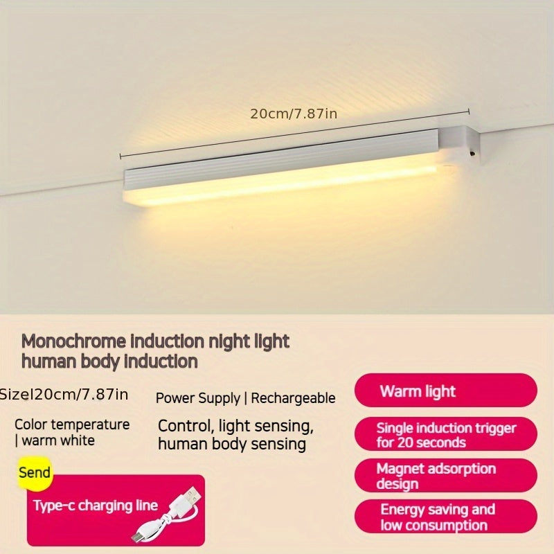 Wireless, rechargeable LED cabinet light with magnetic suction for staircases and hallways.