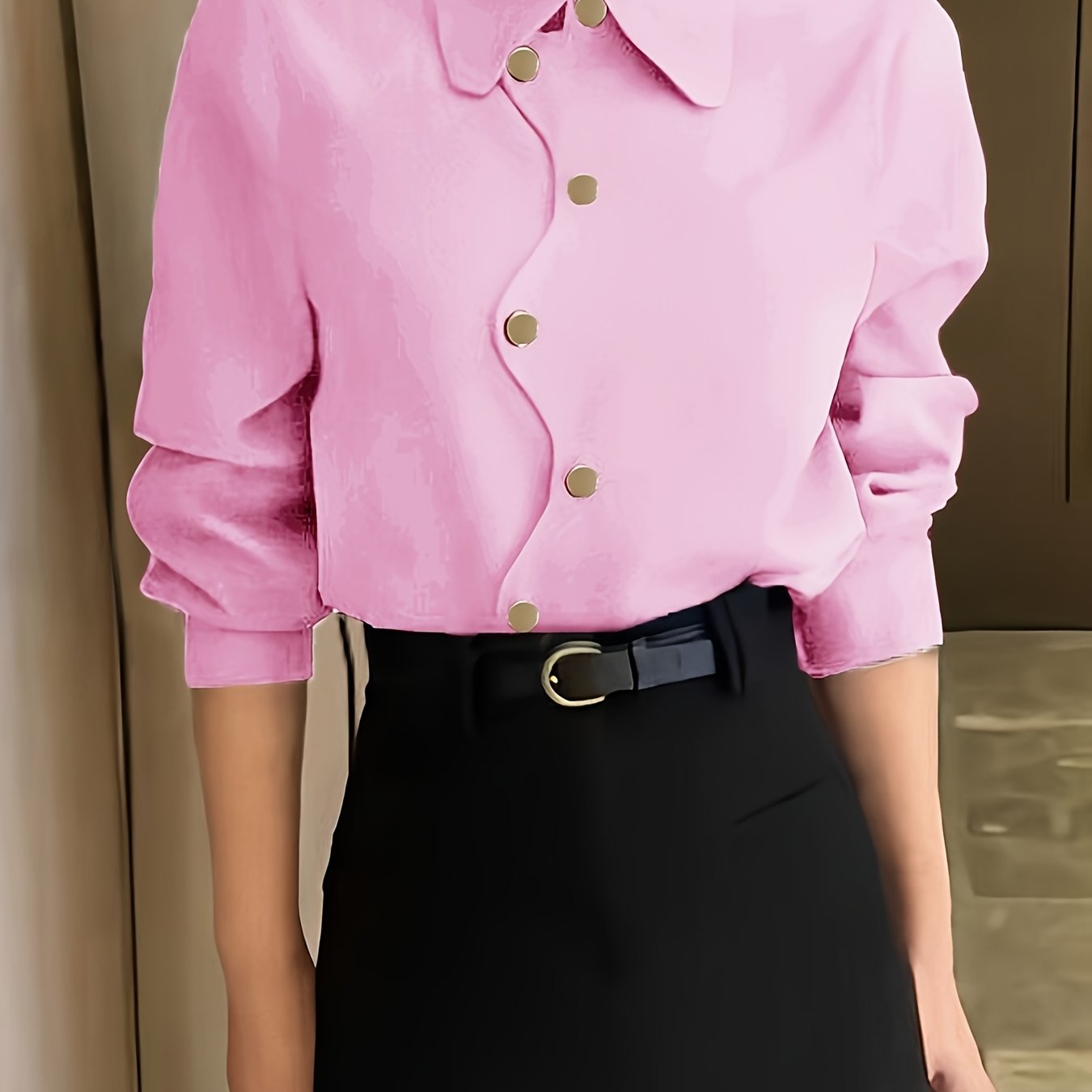 Elegant women's yellow button-up shirt with chic lapel collar and asymmetrical hem, made of polyester fabric suitable for all seasons.