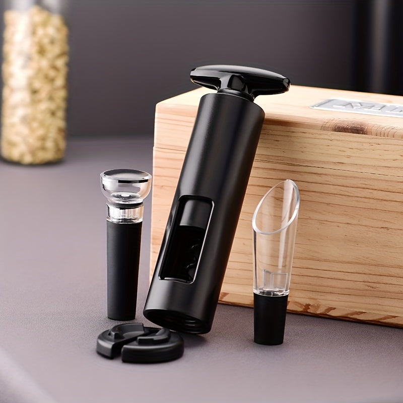 4-piece wine accessories set includes a wine opener, foil cutter, pourer, and vacuum stopper made of food-grade materials for manual corkscrewing, foil cutting, pouring, and wine preservation.