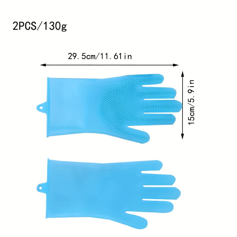 Best-Selling: Set of 2 pink and blue dishwashing gloves for household chores, kitchen use. Made of durable silicone rubber Faux Leather, these gloves are waterproof and perfect for washing clothes, vegetables, and dishes. They are a must-have cleaning