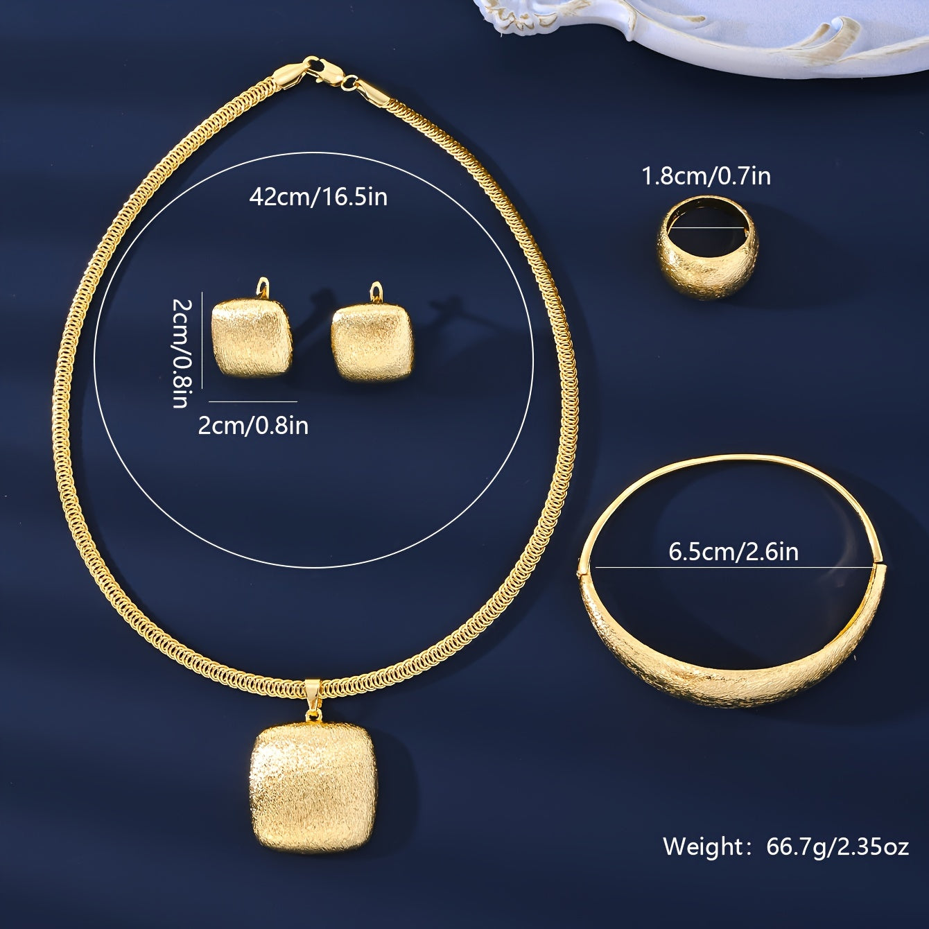 Vintage Style Jewelry Set with 4 Pieces - Necklace, Bracelet, Ring, Earrings. Made of 18K Gold Plated Copper. Perfect for Women, Suitable for Both Daily Wear and Special Occasions.