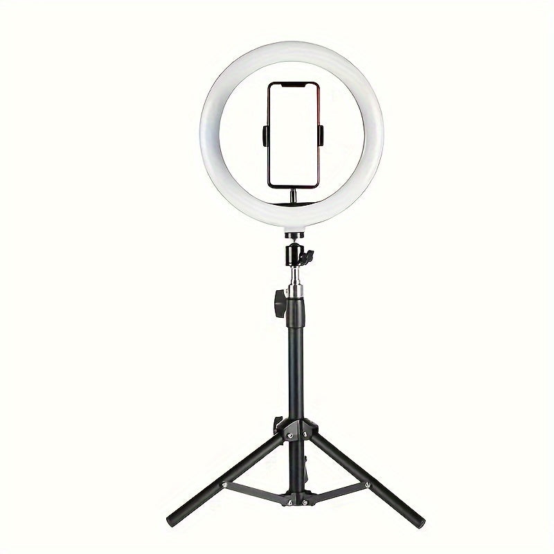 10-inch USB selfie LED light with a desktop tripod stand for iPhone and Android devices in warm, cool, and normal lighting options. Ideal for live streaming, makeup tutorials, vlogs