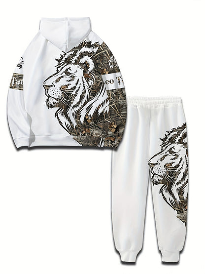 Men's polyester tracksuit set with geometric lion print, 3D digital print sweatshirt and pants, slight stretch fabric, ideal for casual spring/fall wear.