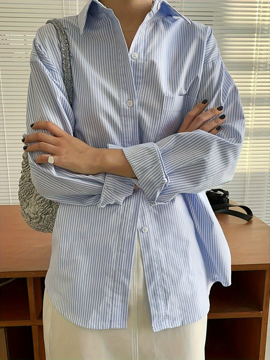 Woman's long-sleeved spring and autumn blue striped commuter shirt with lapel.