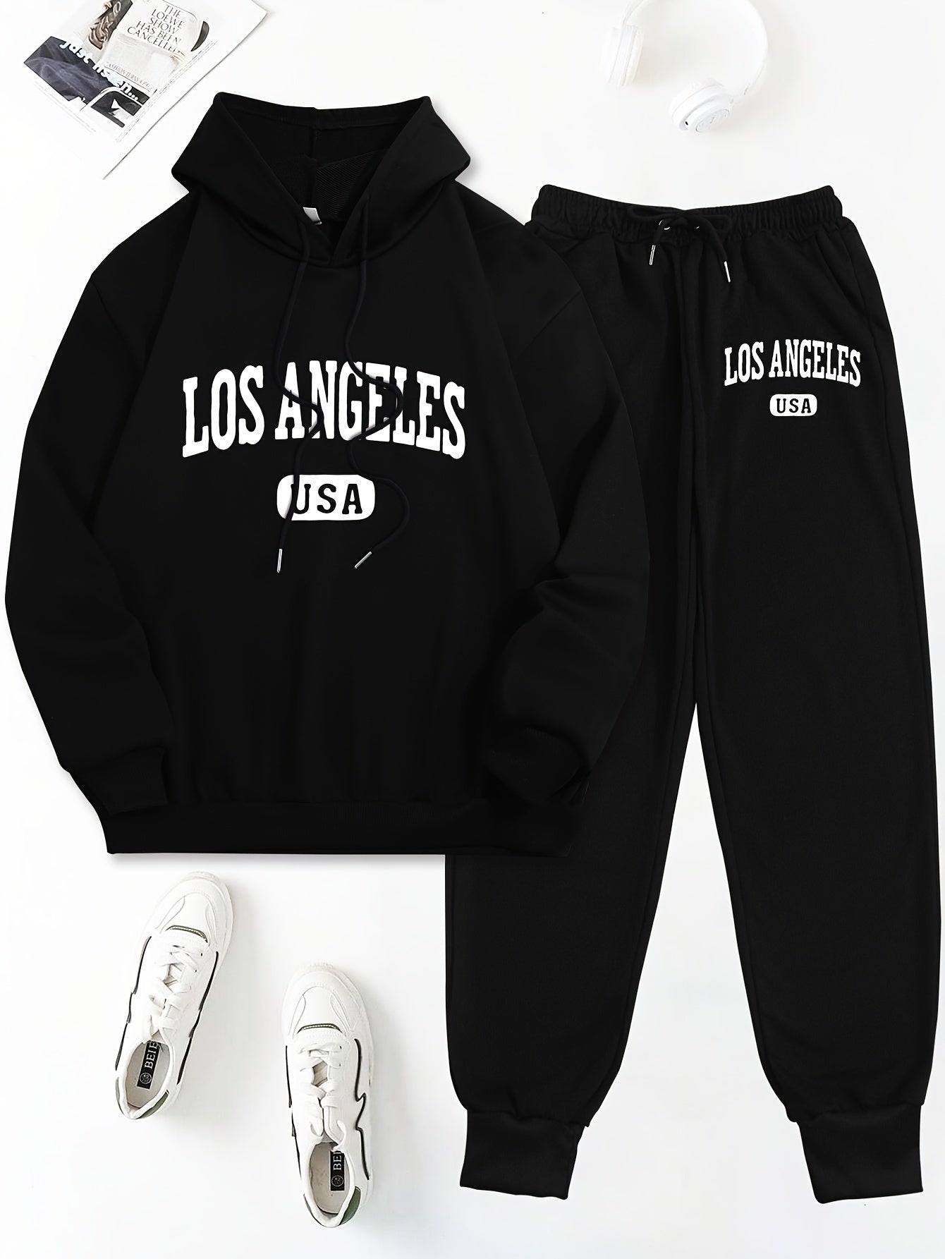 Los Angeles two-piece set includes letter print long sleeve hoodie and drawstring sweatpants for women.