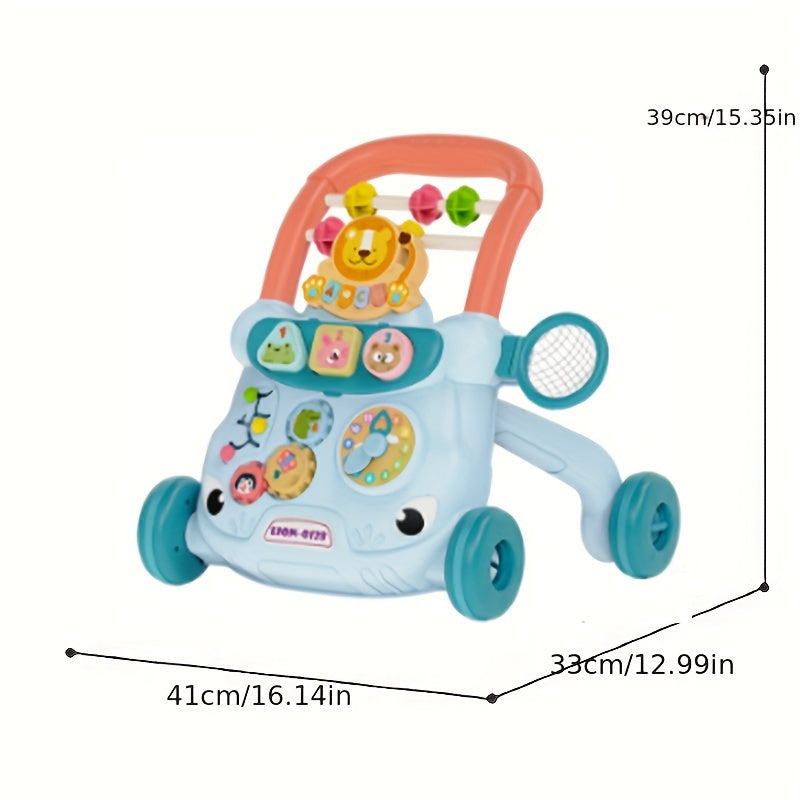 Baby Walker with Educational Panel, made of PVC Material, ideal for Toddlers 18M+. Features Sit-to-Stand design, Interactive Activity Center promoting Shape & Color Recognition, Time & Maze Learning. Suitable for both Boys & Girls.