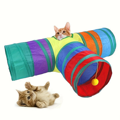 Plaid Foldable Cat Tunnel with Play Ball - Interactive Kitten Toy, Durable Polyester