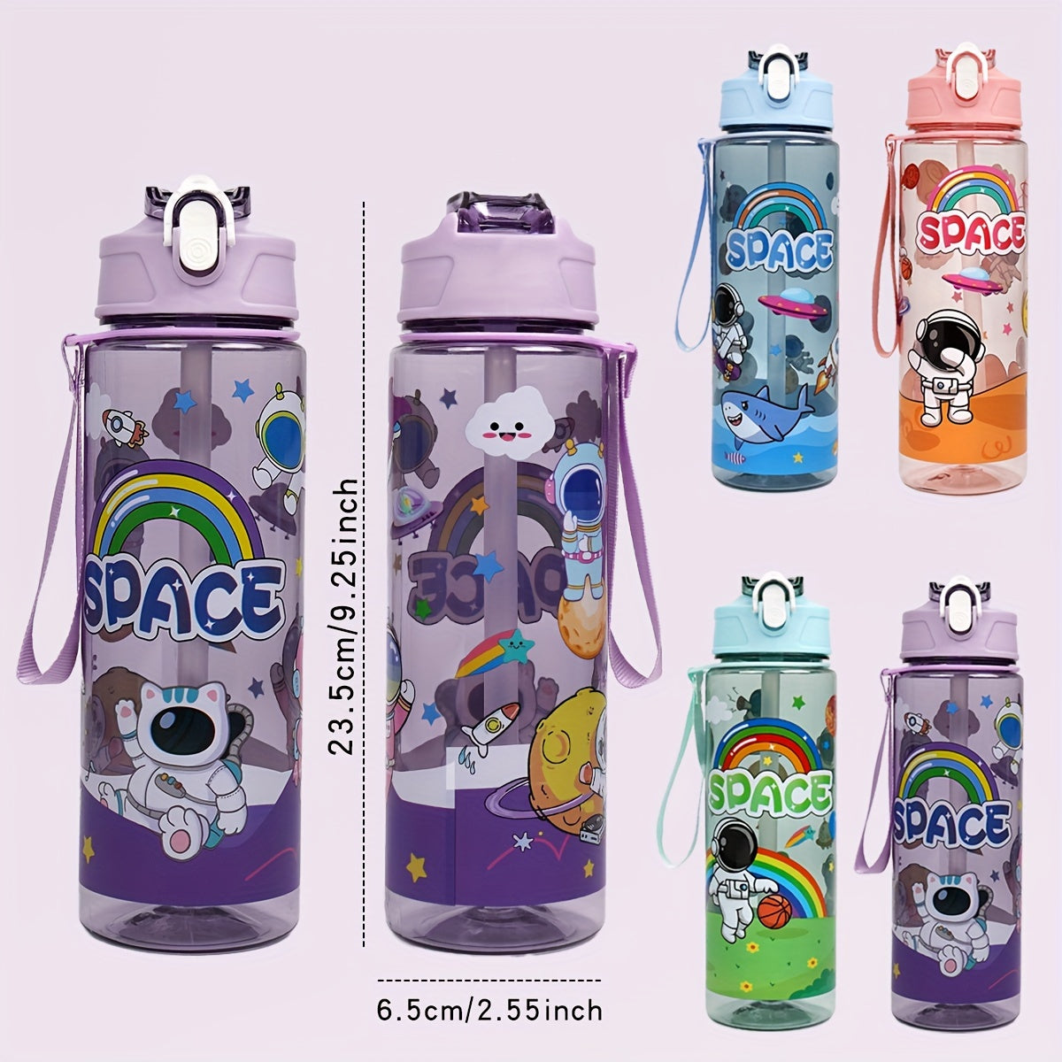 Durable 21oz astronaut water bottle with straw, BPA-free plastic. Ideal for outdoor activities and school with space-themed design.