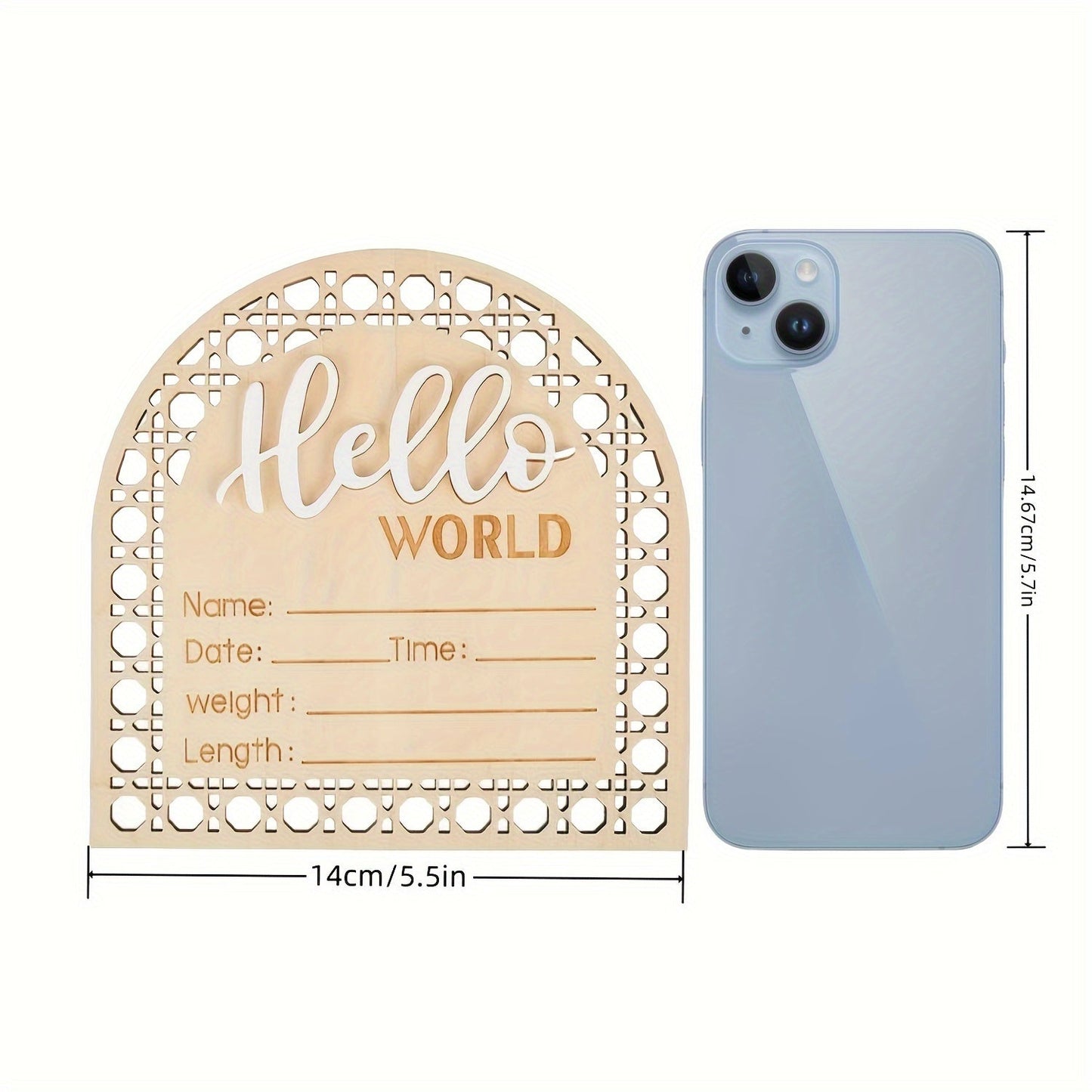 Wooden birth announcement plaque in fan-shaped design, featuring "Hello World" message. Perfect for photo props, this engraved keepsake plaque measures 13.97cm and includes fields for birth details. In a beautiful apricot color, this plaque is suitable