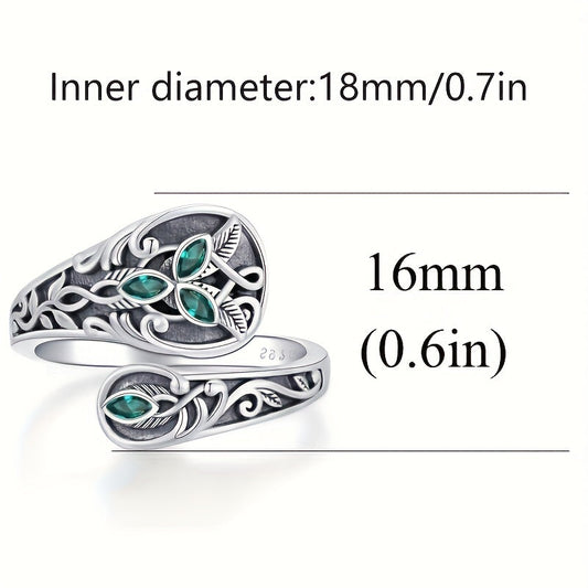 925 Sterling Silver Ring with Green Cubic Zirconia, Vintage Victorian-Inspired Design - Hypoallergenic, Ideal for Everyday Wear or Gifting, Featuring Ivy Leaf Pattern, Lightweight at 4.3g