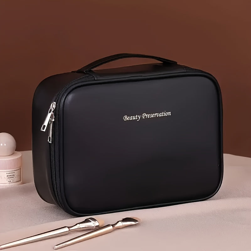 Large capacity detachable cosmetic bag with multiple layers and brush storage, suitable for both men and women.