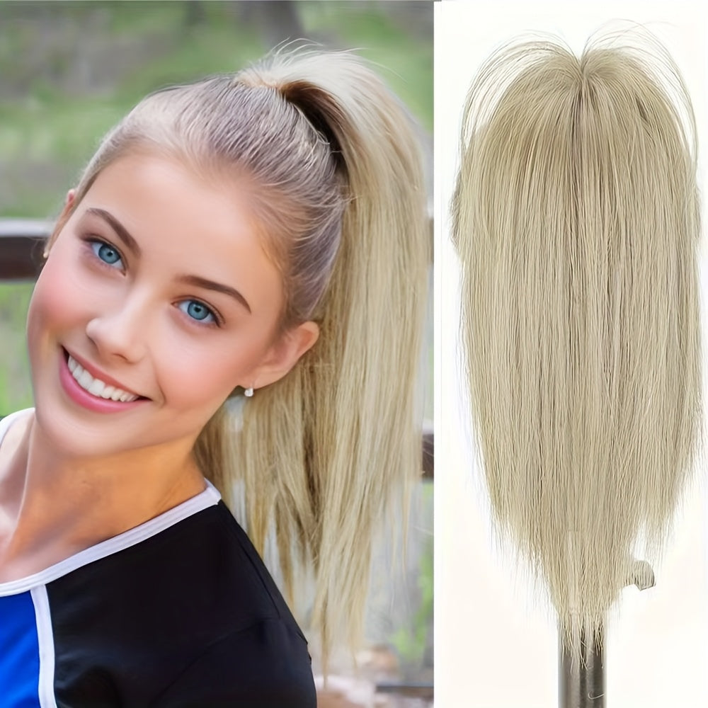 Women's synthetic claw clip ponytail extension with medium long straight hair for a natural look. Easy to wear for daily use.