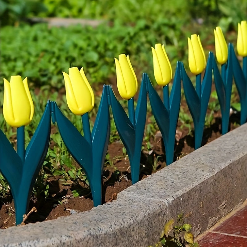 10 plastic tulip-shaped garden fence pieces for easy assembly and decoration in fairy gardens or outdoor yards with a red and yellow tulips design.