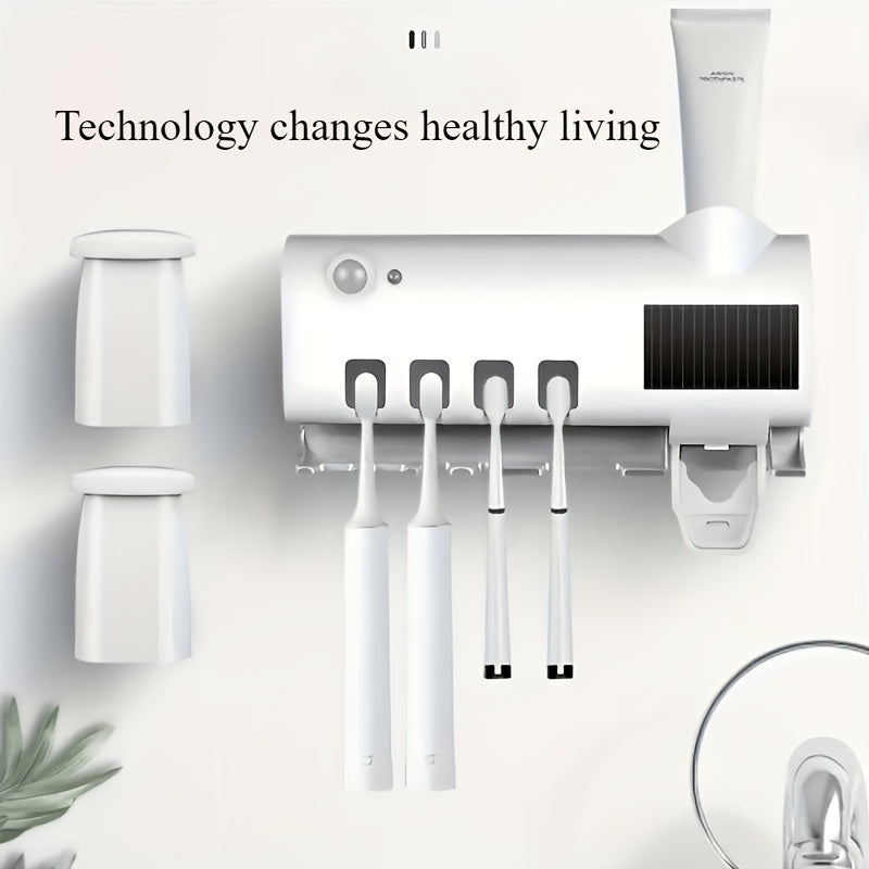 NJI Smart Toothbrush Holder with Automatic Dispenser - Sleek White Design, USB Rechargeable, Wall-Mounted, Multi-Brush Capacity, Ventilation Slits, Perfect for Family Bathrooms and