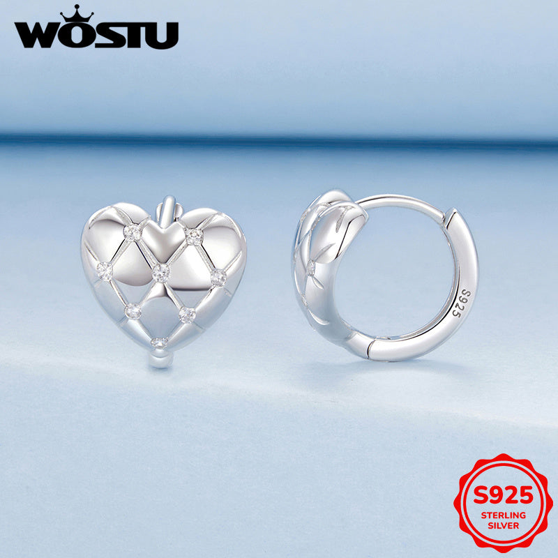 Adorable Pair of Japanese & Korean Inspired Heart & Checkered Pattern Sterling Silver Earrings with Synthetic Zirconia, Ideal for Hypoallergenic Women's Fashion Jewelry, Great for Everyday Wear or as a Valentine's Day Gift