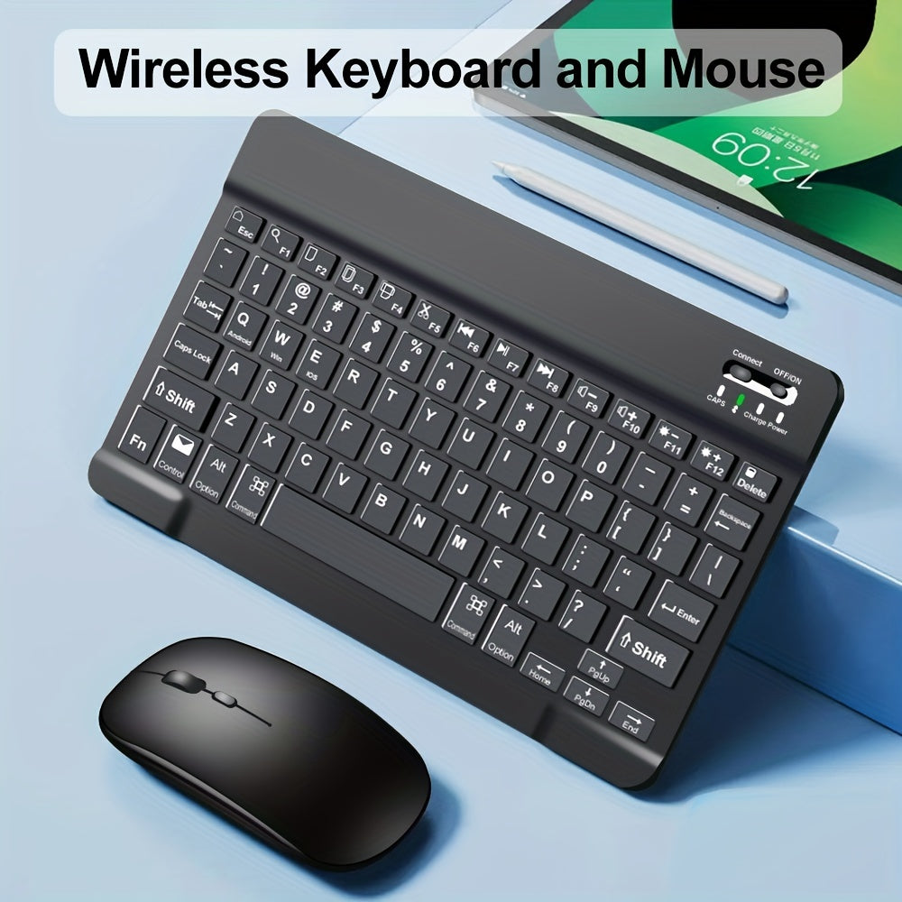 Slim wireless keyboard and mouse set for iPads, tablets, laptops, and office computers.