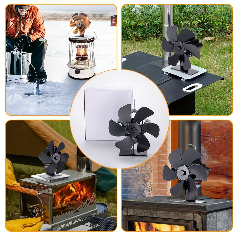 Portable aluminum heat distribution system for indoor air circulation, no power required - introducing the Hormy 6-Blade Fireplace Fan.