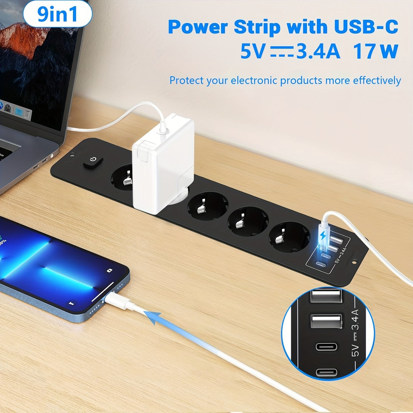 A versatile home USB power socket with 9 features including 4 USB ports, 5 DC sockets, one high-power socket, and a 6.56-foot extension cord, suitable for various settings.