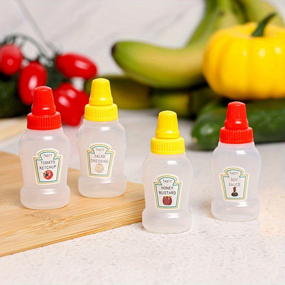 Set of 4 mini squeeze bottles, ideal for lunches, picnics, and kitchen use. Made of durable and portable plastic, hand wash only.