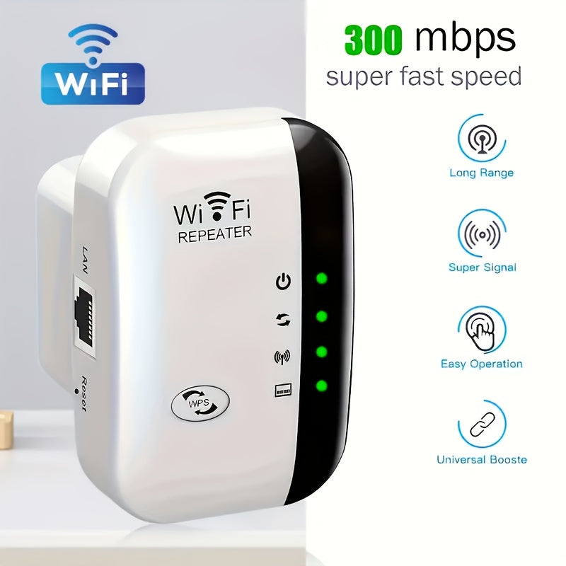 WiFi extender with 300Mbps, strong signal, up to 35 device support, one-tap setup, and Ethernet port for home, office, and cafe use.