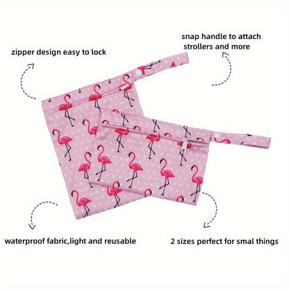 The Asenappy Set of 2 Wet Dry Bags features a trendy Flamingo Print design. These waterproof reusable bags are perfect for storing diapers and laundry but can also be used as a travel organizer for swimsuits, cosmetics, toys, and more. Suitable for ages