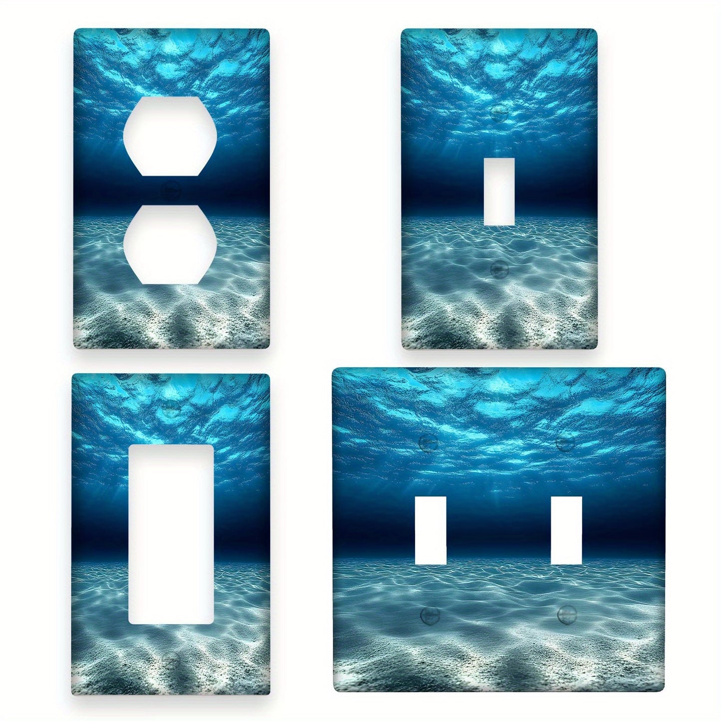 Ocean themed wall plate with blue sea print, made of unbreakable polycarbonate. Heat and fade resistant, a decorative cover for light switches and outlets that requires no electricity or battery.