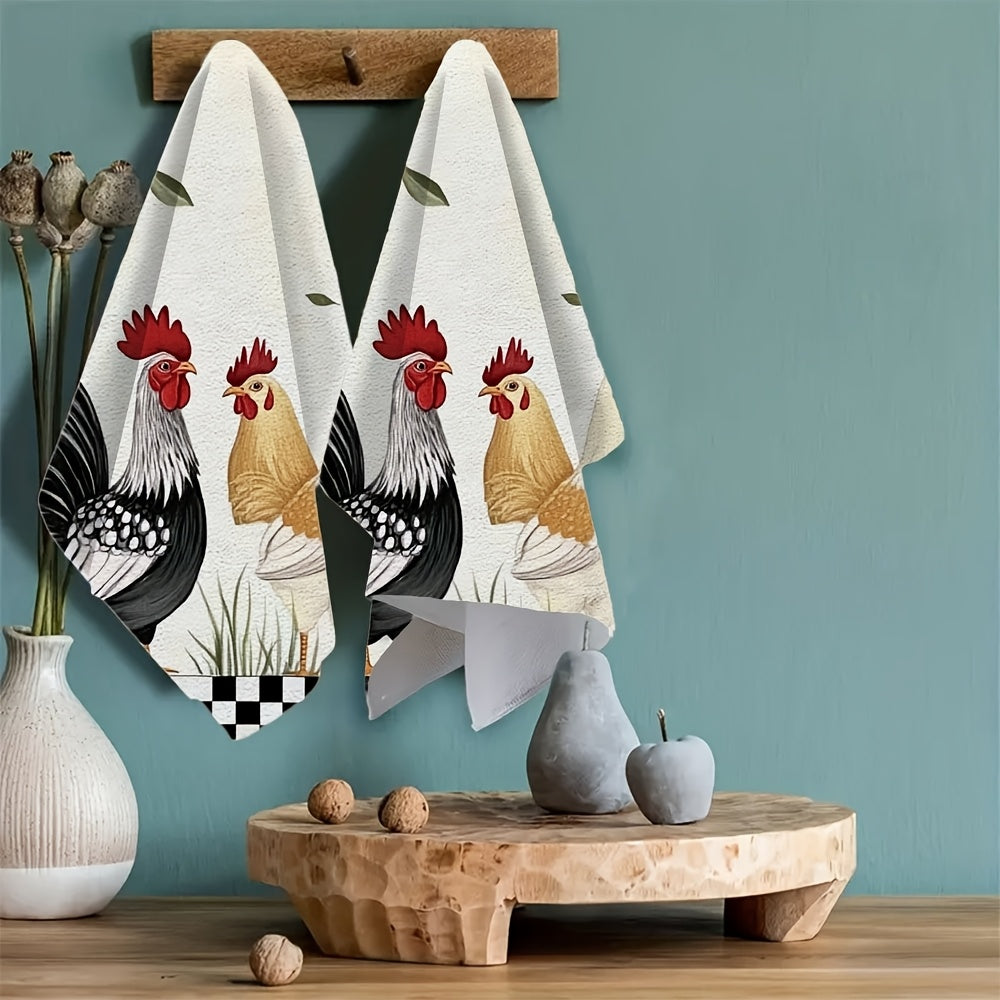 2 pieces of ultra soft kitchen towels featuring hand painted chickens and grass, perfect for holiday decor. These highly absorbent dish hand towels are machine washable and measure 16x24 inches. Item number: 2KYSYS1225199.