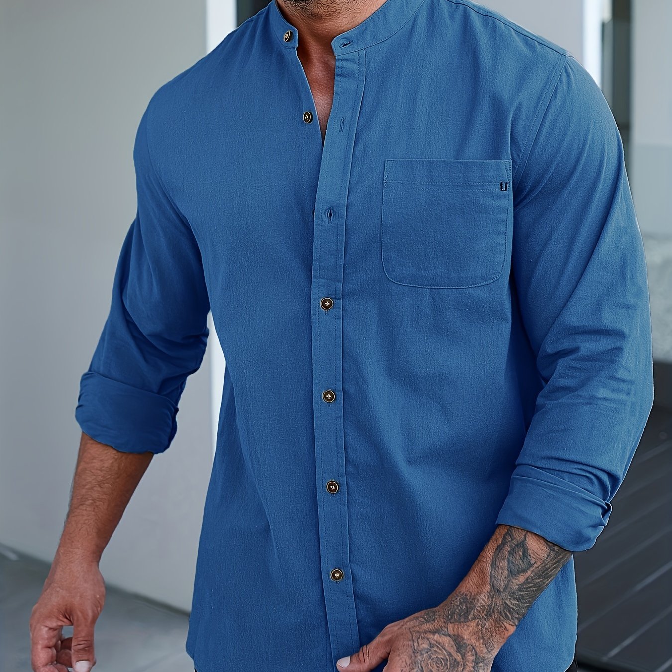 100% cotton men's casual button-down shirt with long sleeves, mandarin collar, solid color, regular fit, perfect for spring and fall seasons.