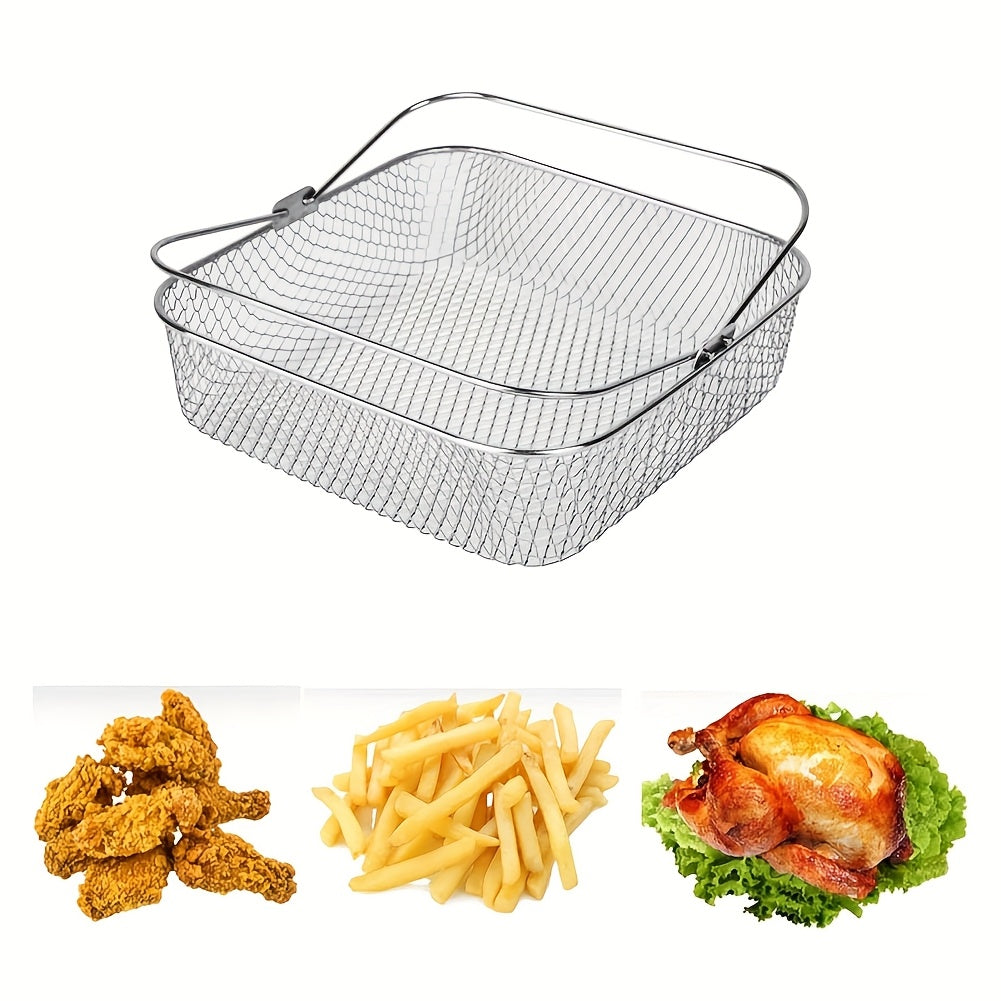 Experience the convenience of the 1-piece URTUE Stainless Steel Air Fryer Basket - square mesh design with a convenient carry handle. This breathable accessory is perfect for air frying and is safe for use in ovens and with food contact. No electricity