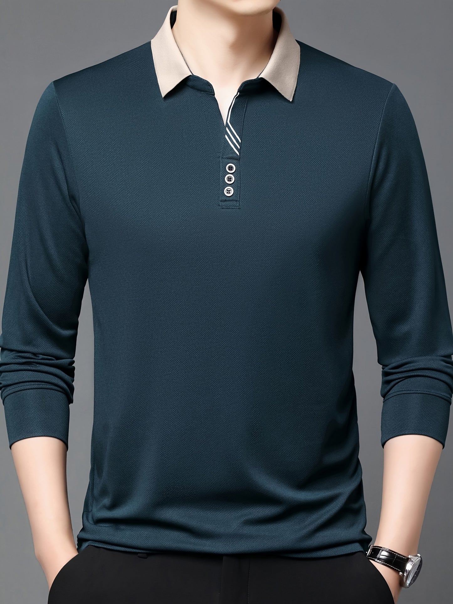 Men's casual business style long sleeve polo shirt made of 95% polyester and 5% spandex. Features a solid color, slight stretch fabric, regular fit with button detailing, and half placket.