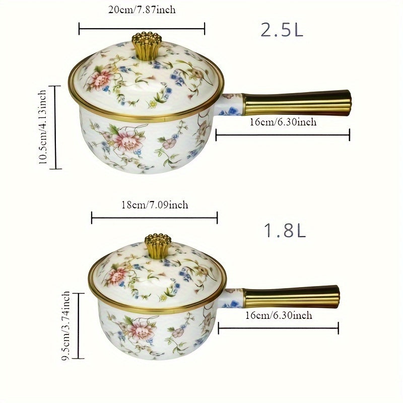 One piece of a multifunctional thick enamel pot with a handle measuring 18.01cm by 19.99cm can be used as a soup pot, stew pot, boiling pot, chocolate butter milk heating pot, oil drizzle pot, and more. This pot is suitable for use on gas and electric