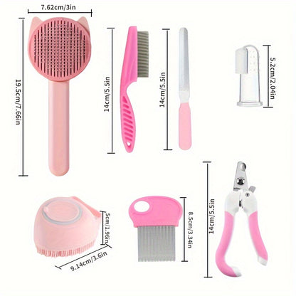 8-piece Cat Grooming Kit with self-cleaning brush, nail clippers, combs, and toothbrush - essential tools for keeping your cat clean, healthy, and happy - in playful pink silicone and