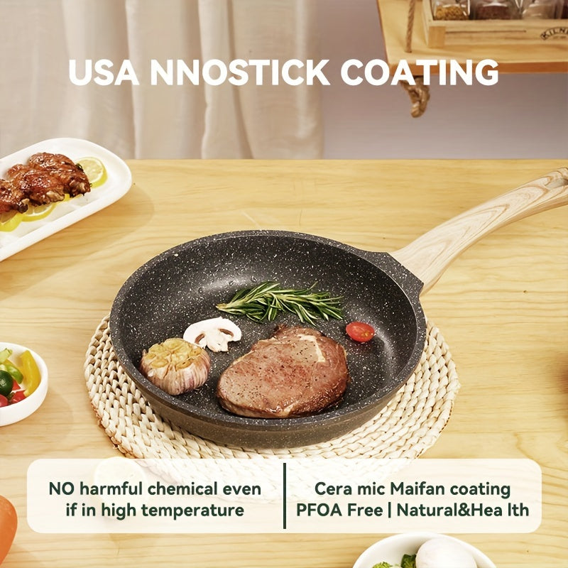 Non-stick frying pan with lid, perfect for cooking beef patties, sesame fry bag, chicken willow, and chicken wing on any stove. Essential kitchenware for all your cooking needs.