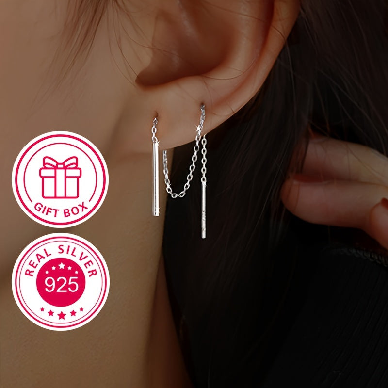 These stunning 925 sterling silver tassel earrings feature a sleek straight-line design and can be styled in multiple ways. Plated with 18k gold, they shine and sparkle brilliantly. Perfect for a Valentine's Day gift, they come beautifully packaged in a