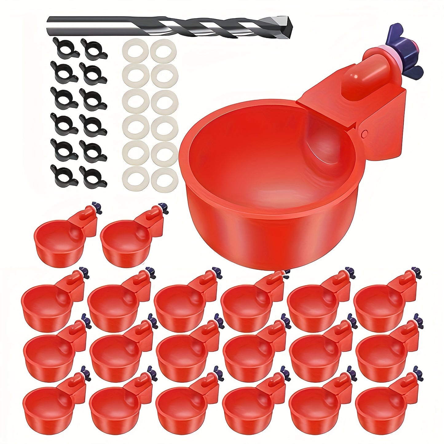 20-piece set for poultry feeding and watering - self-regulating, durable plastic design with drill bit and brackets included. Perfect for backyard farming of chickens, ducks, and birds.