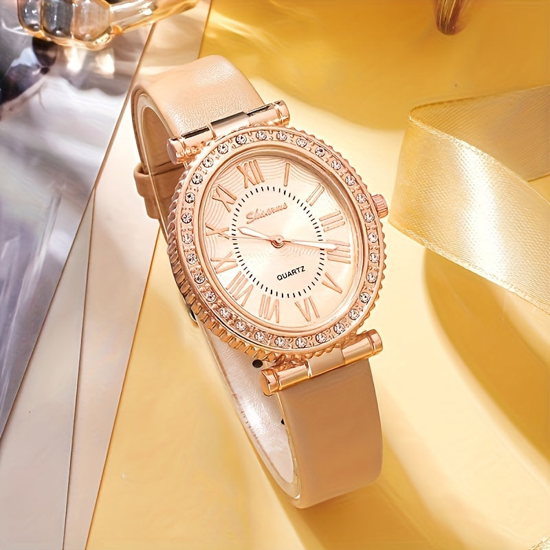 Luxurious 5-piece women's watch set with rhinestone quartz. Chic oval case with PU leather strap. Elegant gift for Mom or her. Fashionable timepiece with classic design.