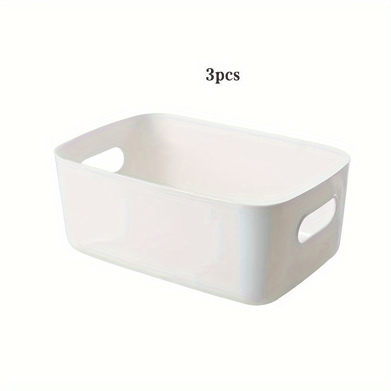 3-piece plastic storage basket set for cosmetics, kitchen, and bathroom essentials to organize home clutter efficiently.