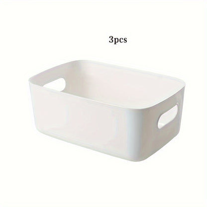 3-piece plastic storage basket set for cosmetics, kitchen, and bathroom essentials to organize home clutter efficiently.