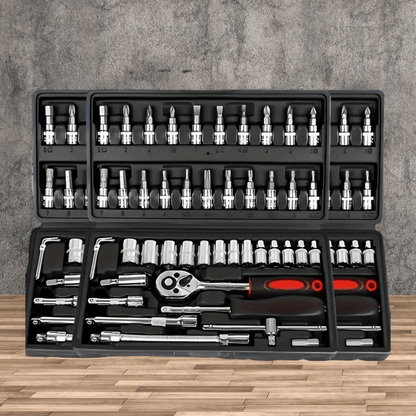 46pc Auto Repair Tool Kit made of carbon steel ratchet wrenches in a durable metal toolbox. Ideal for mechanics and DIY hobbyists.