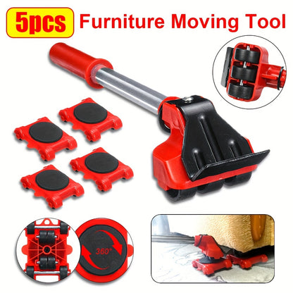 5-piece set of heavy duty furniture lifter mover rollers with wheel bar for easier furniture moving.