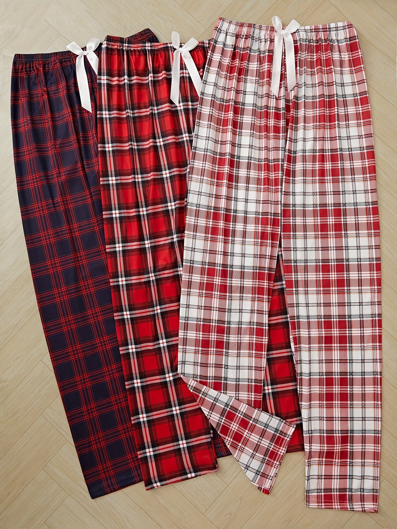 3 plaid print front bow pajama sets