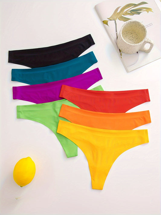 Women's seamless thong panties (7pcs) made of breathable nylon blend with low-waist design, solid color, and minimalist style. Hand washable and comfortable for everyday wear.