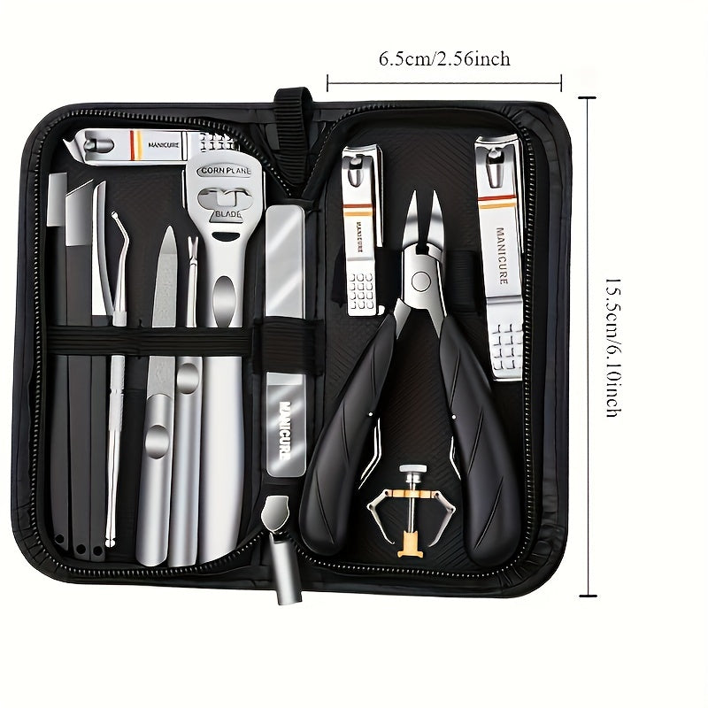 14-piece stainless steel pedicure kit with storage case, suitable for both home and salon use. Ideal for men and women.